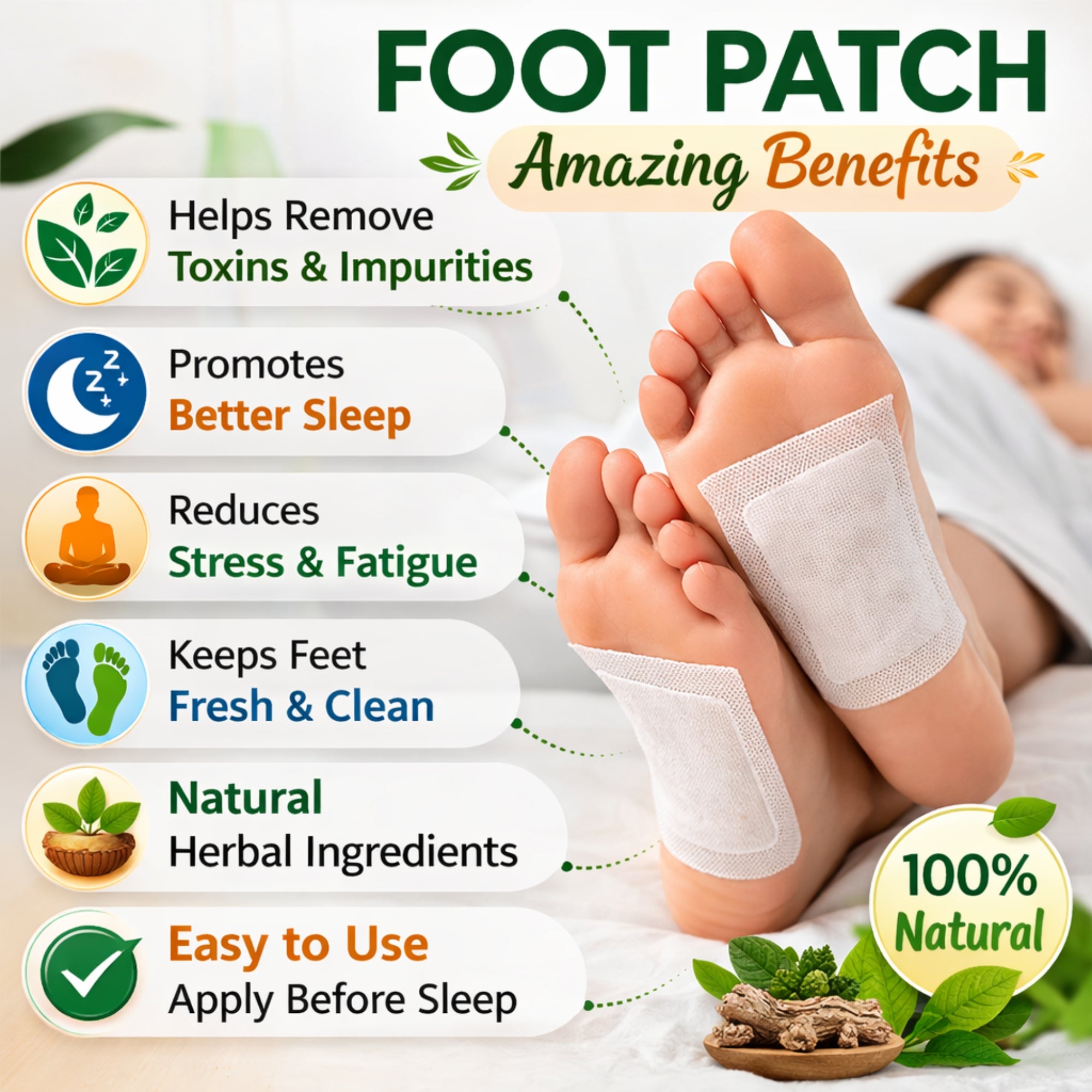 Herbal Foot Detox Pads for Toxin Removal | Pain Relief Foot Patches for Feet Cleansing | Natural Ingredients for Sleep Aid | Overnight Use | Toxin Removal with Bamboo Vinegar( 10 PATCH )